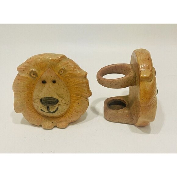 Vintage Lion Napkin Rings Stoneware Zoo Holders Ceramic Safari Animals Pottery - Picture 1 of 7